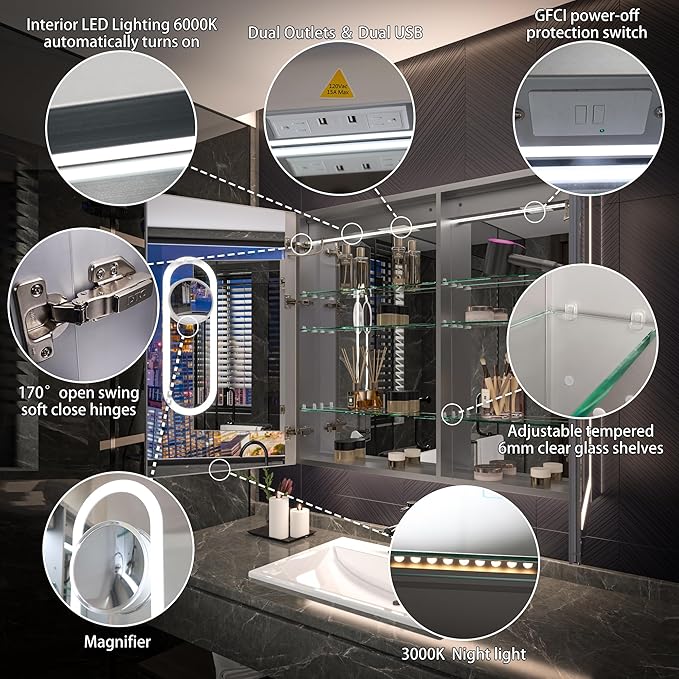 Lighted Medicine Cabinet with Mirror 42"x36" Recessed LED Medicine Cabinet Mirror, Front&Backlit, Anti-Fog, Stepless Dimming, 3-Color Temperatures, Magnifier, 2 Outlets, Storage Shelves, ETL Certified