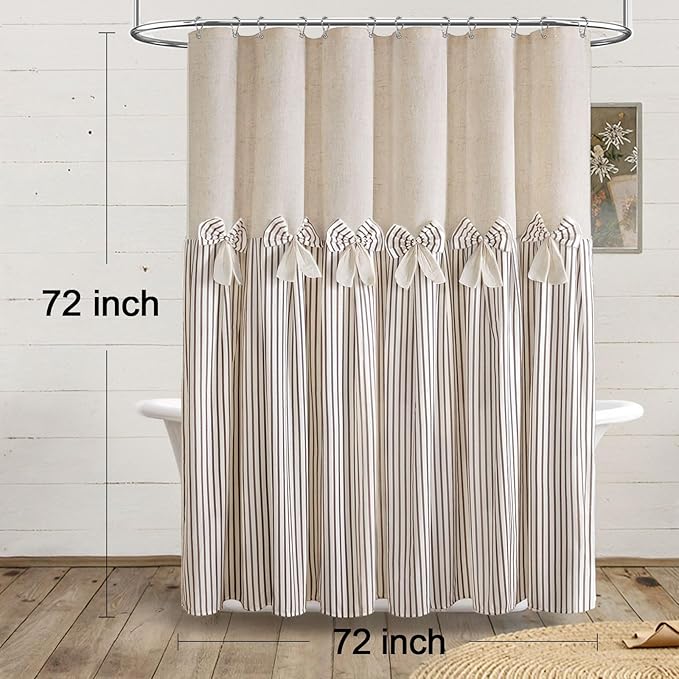 Farmhouse Shower Curtain Linen Beige Bow Woven Fabric Country Rustic Western, Pleated Brown Stripe 72" W x 78" L