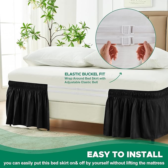 Biscaynebay Wrap Around Bed Skirts for King & Cal King Beds 15" Drop, Black Adjustable Elastic Dust Ruffles Easy Fit Wrinkle & Fade Resistant Silky Luxurious Fabric Machine Washable