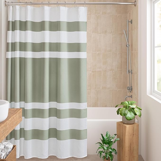 Madison Park Shower Curtain Spa Waffle Weave Extra Long Shower Curtain for Bathroom 3M Scotchgard Moisture Management, Spa Quality Modern Shower Curtains for Bathroom, Extra Long 72"x84" Sage Green