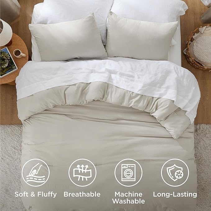 Bedsure Super King Plus Size Comforter Set, Beige Soft Prewashed Bedding for All Seasons, 3 Pieces GentleSoft™ Bed Set, 1 Lightweight Comforter (128"x120") and 2 Pillowcases (20"x36")