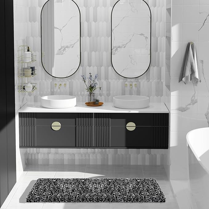 Yimobra Black and White Bathroom Rugs, Luxury Fluffy Bath Mats, Non Slip, Water Absorbent Microfiber, Machine Washable, Plush Runner Carpet Shower Rugs, Thick Matts for Bathroom Floor&Tub, 44"x 24"