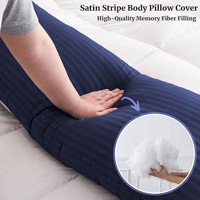 ELNIDO QUEEN Body Pillow for Adults-with Navy Blue Stripe Cover, Full Body Pillow Insert for Side Sleeper, Long Bed Pillow for Sleeping(20 x 54 Inch)