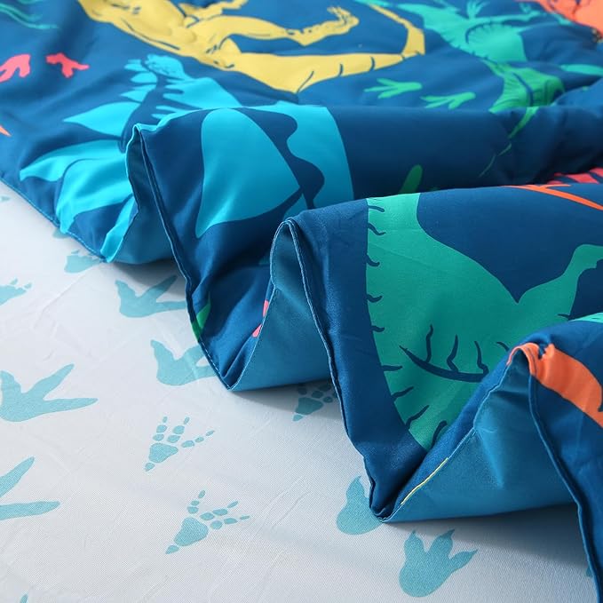 Wajade Boys Dinosaur Comforter Set Bed in A Bag Queen Size 7 Piece 3D Blue Dinosaur Print Bedding Set for Kids Teens(1 Comforter, 1 Flat Sheet, 1 Fitted Sheet, 2 Pillowcase and 2 Pillow Sham)