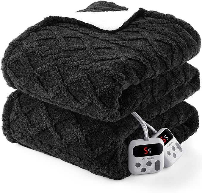 CAROMIO Electric Blanket Queen Size Dual Control - Thick Tufted Sherpa Heated Blanket Queen with 10 Heating Levels and 10 Time Settings, ETL Certified Fast Heating Blanket Queen Size 84"×90", Black