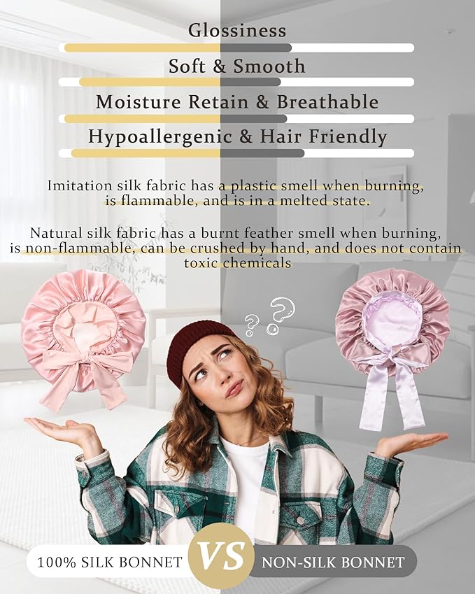 100% Mulberry Silk Bonnet for Sleeping Women Double Layer Silk Hair Bonnet Natural Silk Sleep Cap with Elastic Reversible Hair Wrap (Pink+Beige)