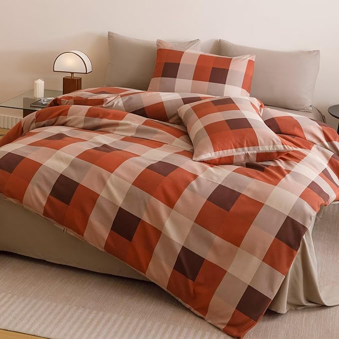 Cottonight Checkered Red Comforter Set Queen Men Gingham Grid Bedding Set Red and Khaki Grid Comforter Fluffy Soft Blanket Quilts Modern Cottagecore Comforter with 2 Pillowcases for Queen Bed