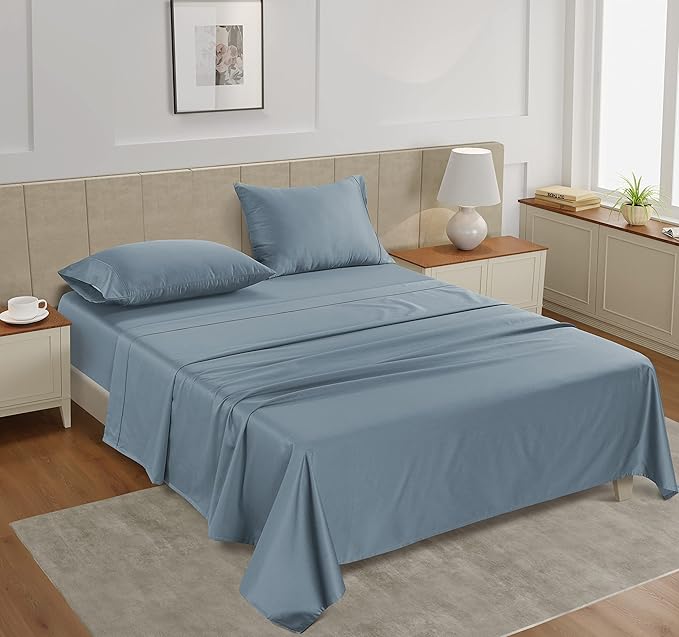 LANE LINEN Twin Extra Long Sheets – 450 Thread Count Cooling Cotton Sheets, Soft & Comfy Sateen Weave, 15” Deep Pocket Fully Elasticized Fitted Sheet, Hotel Sheet & Pillowcase Set, French Blue