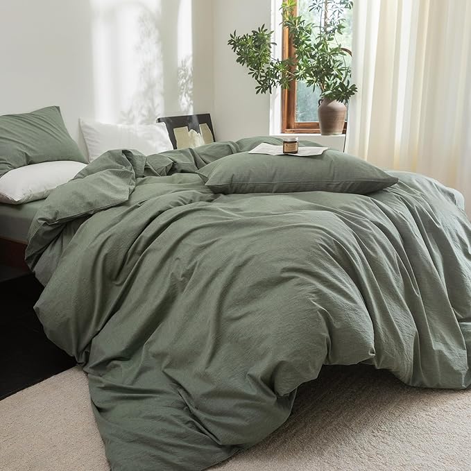 FOSSA Duvet Cover Set 100% Washed Cotton Linen Feel Super Soft Breathable Cozy Simple Style 3 Pieces Bedding Sets Solid Heathered Green Super King