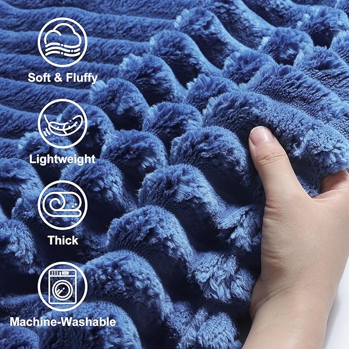 decorUhome Christmas Soft Fleece Navy Blue Blanket King Size for Bed, Cozy Fluffy Plush Flannel Large Striped Throws for Couch Sofa, Lightweight Decorative Fuzzy Blanket for Woman, 108x90 Inches