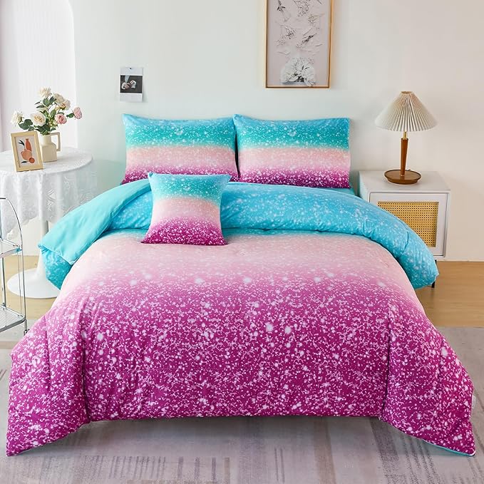 URBONUR Full Size Comforter Set for Girls Glitter 6 Pieces Bed in A Bag Comforter Set with Sheets Ombre Rainbow Bedding Set Kids Teen Girls Bed Set for Full Bed