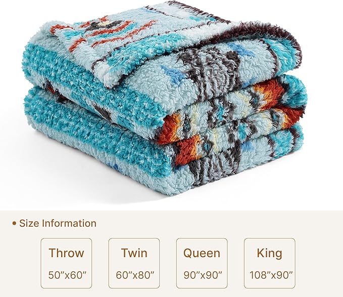 CASAAGUSTO Boho Sherpa Blanket,Teal Aztec Twin Blanket, Ultra Soft, Warm, Cozy, Plush, Thick Fleece Western Blanket for Couch, Bed, Sofa (Aqua 60 * 80 Inch)
