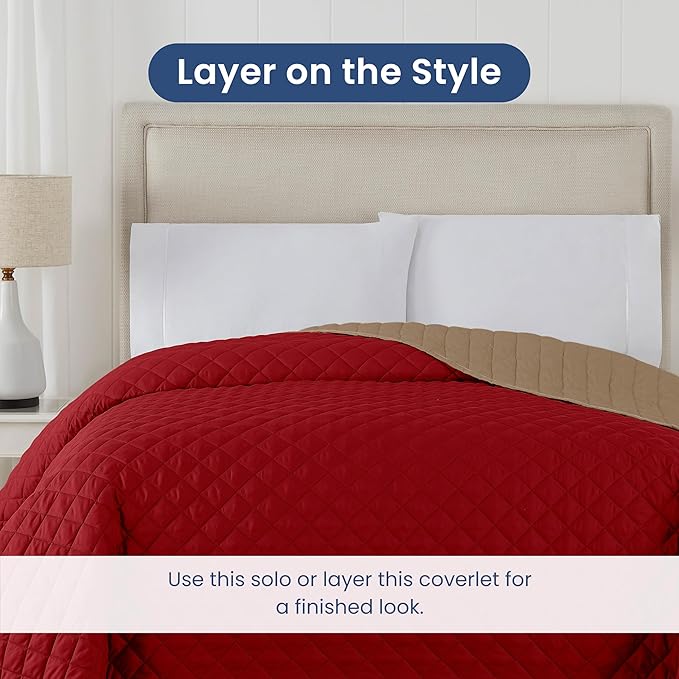 Martex Reversible Coverlet – Twin Bed Quilt – Lightweight Twin Size Bedding – Durable Quilts for Bed – Soft - Easy Care Bedding – Khaki/Red