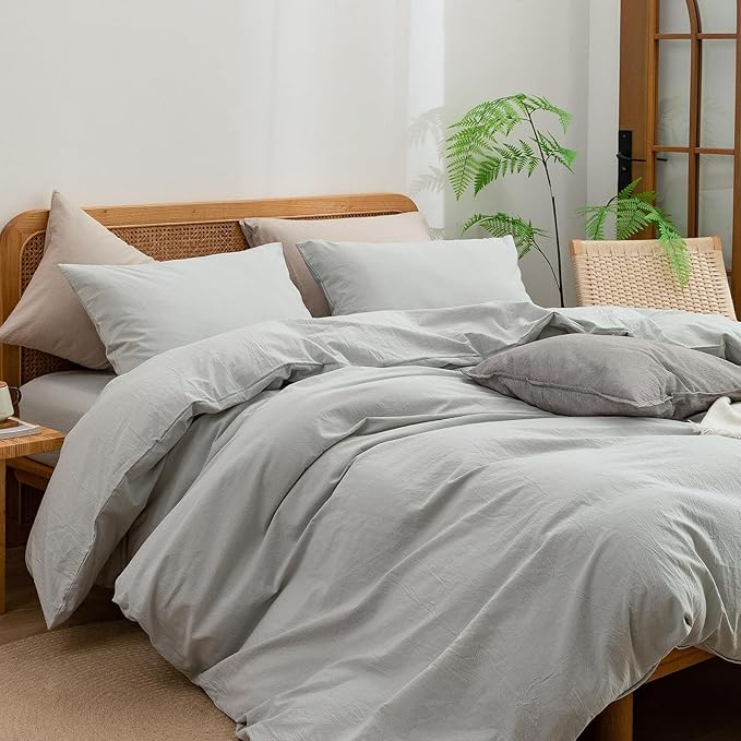 BESTOUCH Duvet Cover Set 100% Washed Cotton Linen Feel Super Soft Comfortable Chic Lightweight 3 PCs Home Bedding Set Solid Northern Droplet Grey Super Queen