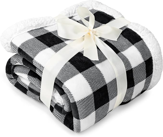 PAVILIA Black and White Buffalo Plaid Sherpa Throw Blanket for Couch, Plush Checkered Fleece Blanket and Throws, Soft Fuzzy Flannel Blanket for Sofa Bed, Warm Cozy Winter Blanket Gift, 50x60
