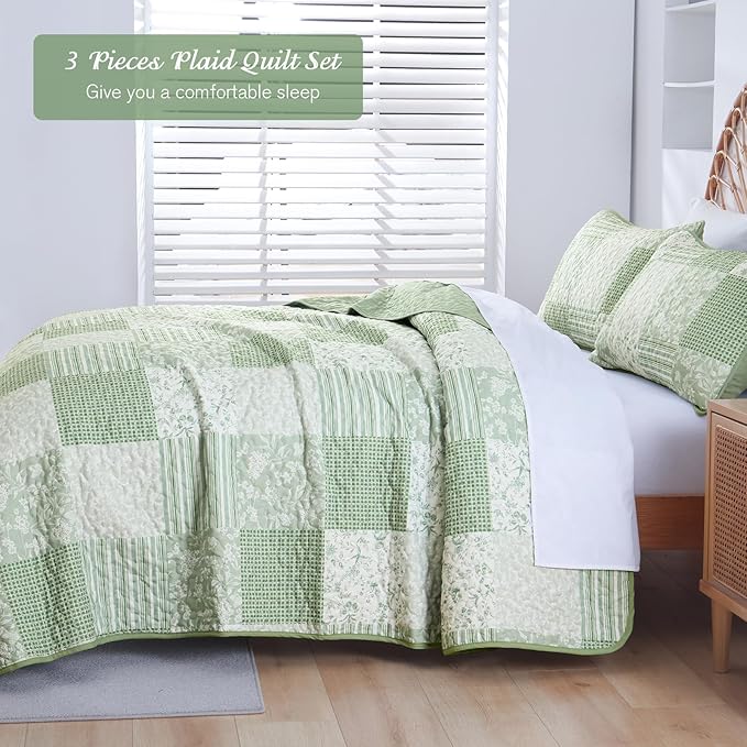 Mybedsoul Light Green Quilt Set King Size, 3 Pieces Plaid Floral Bedspread Set Patchwork Reversible Bedding Set Microfiber Lightweight Bedspread Coverlet Set for All Season 110"x90"