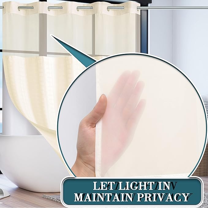 Conbo Mio Extra Long No Hook Shower Curtain with Snap in Liner Set, Hotel Luxury Beige Shower Curtains for Bathroom with See Through Top Window, Waterproof, Washable 71W x 84H