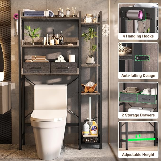 Over The Toilet Storage with 2 Drawers - 7 Tier Bathroom Organizer with Adjustable Shelf, Freestanding Space Saver Storage Rack Above Toilet Stand with 4 Hooks for Restroom, Laundry, Grey Oak