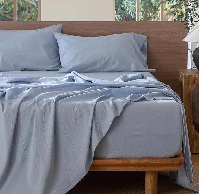 MooMee Bedding Sheet Set 100% Washed Cotton Linen Like Textured Breathable Durable Soft Comfy (Heathered Cornflower Blue, Full)
