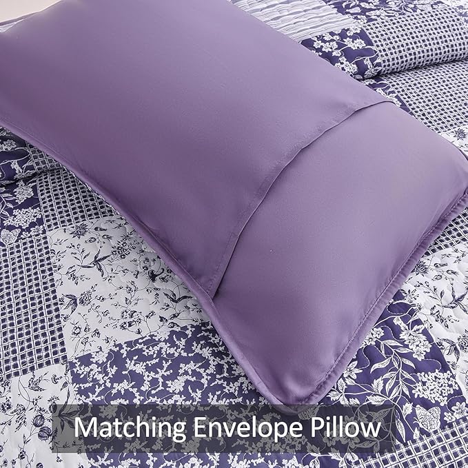 Mybedsoul Purple Quilt Set Twin Size, 2 Pieces Plaid Floral Bedspread Set Patchwork Reversible Bedding Set Microfiber Lightweight Bedspread Coverlet Set for All Season 68"x86"