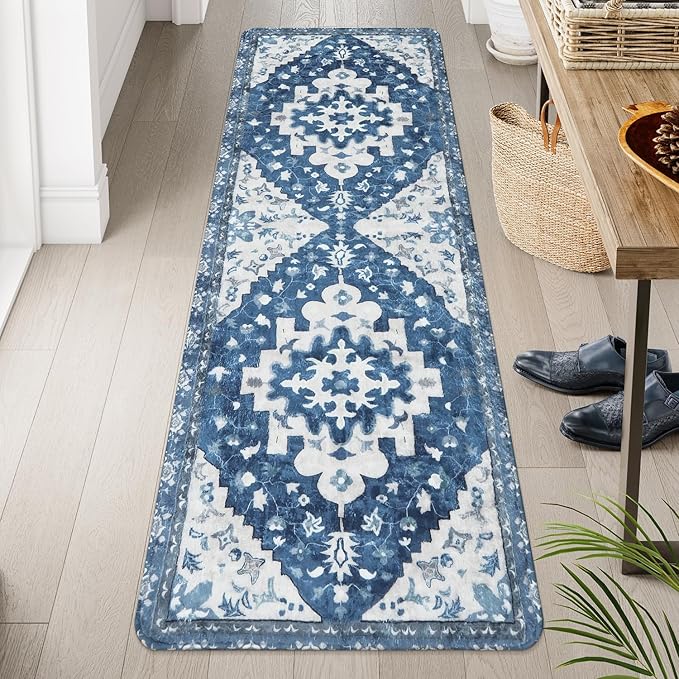 Uphome Boho Vintage Large Bathroom Rugs Blue Non-Slip Soft Hallway Runner Traditional Tribal Machine Washable Bedroom Rug Oriental Floral Aesthetic Floor Mat for Entryway Kitchen Laundry, 24x71 inch