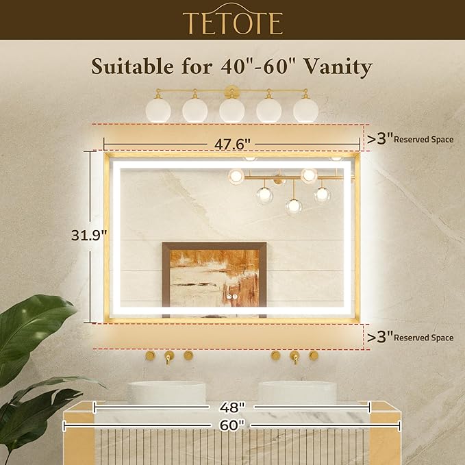 TETOTE 48 x 32 Bathroom LED Mirror Brushed Black Metal Frame Frontlit & Backlit Vanity Stepless Dimmable Anti-Fog 3 Colors White/Warm/Natural Light up Vanity Mirror Wall-Mounted