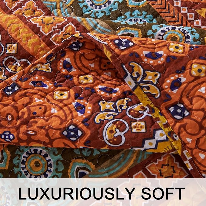 Cmfshape Orange Quilt Sets Bedspread Set 100% Cotton Boho Bedding Set, All Season Use Lightweight Reversible Coverlet Quilts with 2 Pillow Shams(Queen 92"x96")