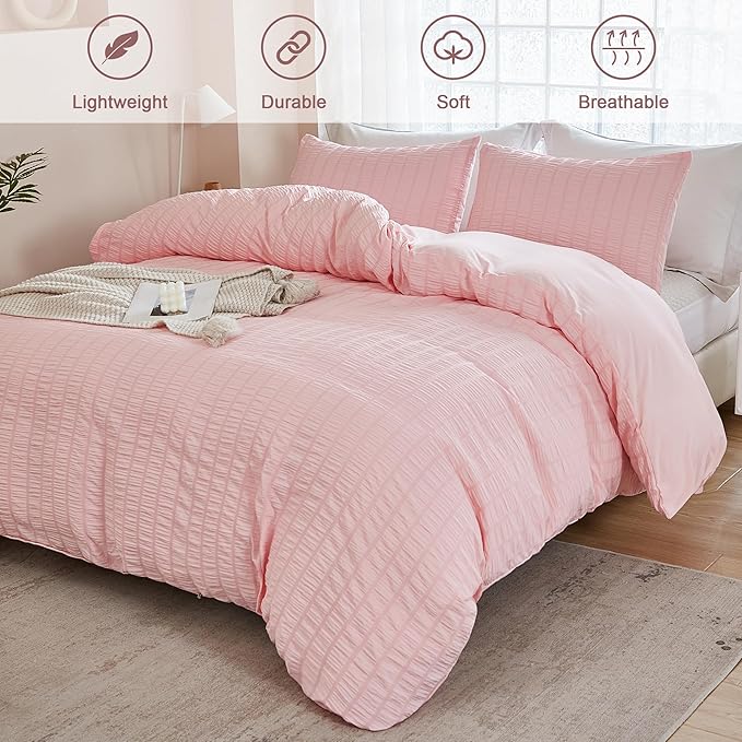 AveLom Blush Pink Seersucker Duvet Cover Set Queen Size (90 x 90 inches), 3 Pieces (1 Duvet Cover + 2 Pillow Cases), Ultra Soft Washed Microfiber, Textured Duvet Cover with Zipper Closure, Corner Ties