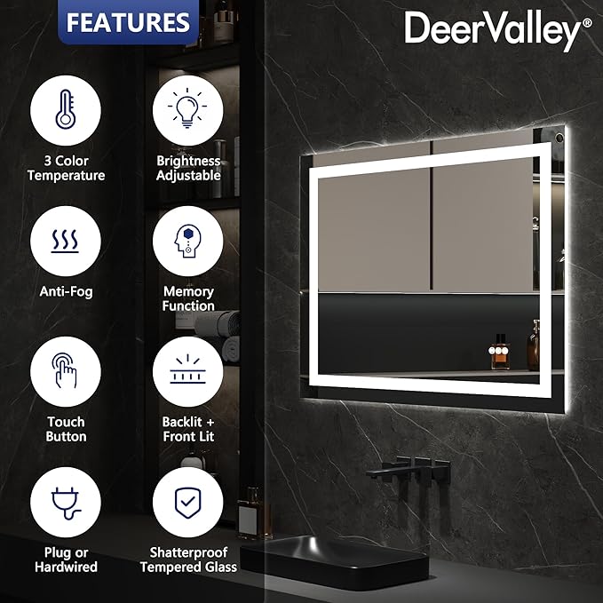 DeerValley LED Bathroom Mirror, 40" x 32" Front and Backlit Wall Mounted Bathroom Vanity Mirror, Anti-Fog, 3 Colors Dimmable, Shatterproof, Tempered Glass, Memory Function (Horizontal/Vertical)