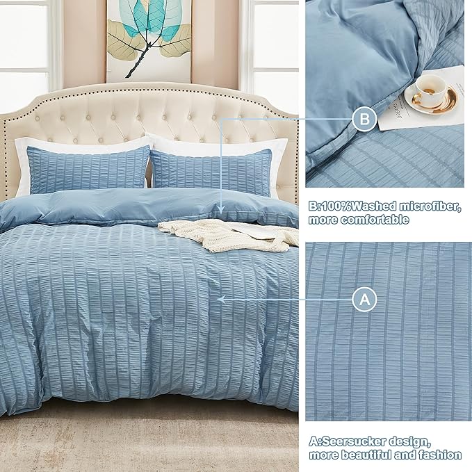 AveLom Grayish Blue Duvet Cover Cal King(104 x 98 inches), 3 Pieces (1 Duvet Cover, 2 Pillowcases), Seersucker Striped Soft Washed Microfiber, Textured Duvet Cover Set with Zipper Closure, Corner Ties