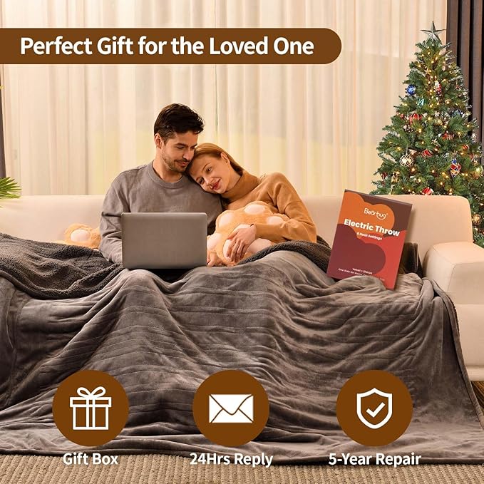 Bearhug Heated Blanket King Size 100" x 90" Dual Controller Electric Blanket, Velvet & Sherpa 10 Heating Levels & 1-12H Auto Off, Over-Heat Protect, ETL, Machine Washable