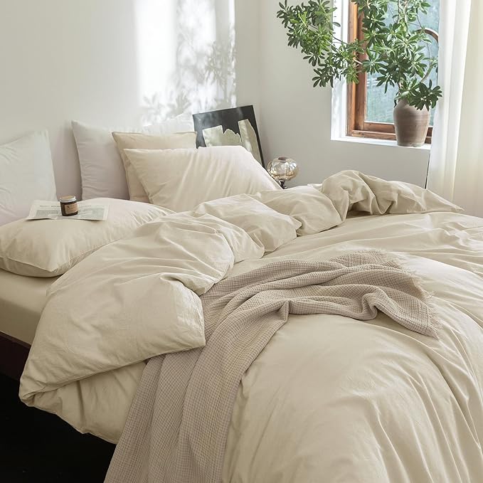 FOSSA Duvet Cover Set 100% Washed Cotton Linen Feel Super Soft Breathable Cozy 3 Pieces Bedding Sets Solid Almond Grey Super Queen