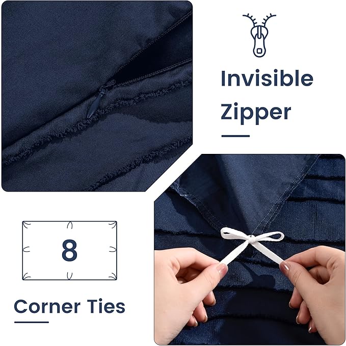 NEXHOME PRO Duvet Cover King Size, Navy 3 Pieces Boho Tufted Duvet Cover Set, Soft and Lightweight Microfiber Comforter Cover Set for All Season (Navy King, 104 x 90)-No Comforter