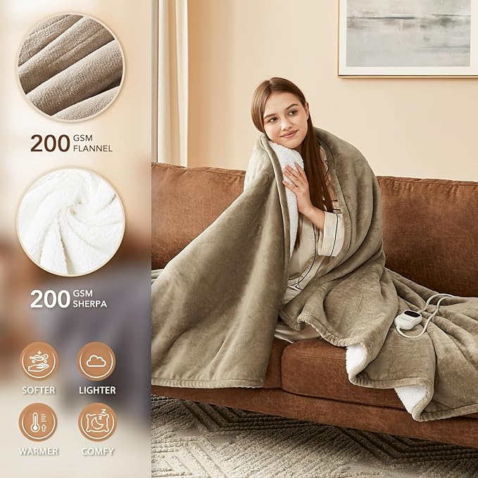 Homemate Electric Heated Blanket Twin Size - 62"x84" Heating Blanket Twin Size 1/2/4/6/8 Hours Auto-Off 10 Heat Level Over-Heat Protection Flannel Sherpa ETL Certification