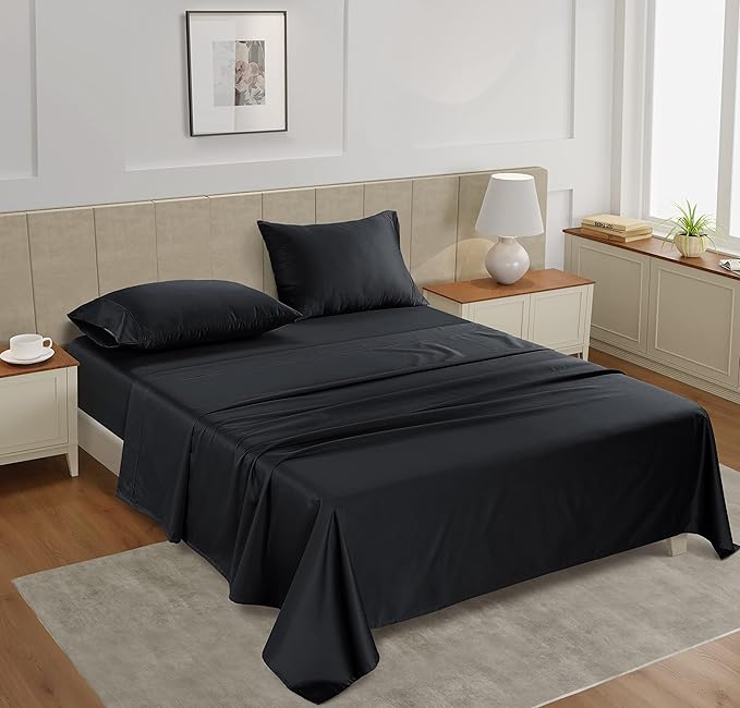 LANE LINEN Full Size Sheet Set – 450 Thread Count 100% Cotton Cooling Sheets, Soft & Fade-Resistant Sateen Weave, 15” Deep Pocket Fully Elasticized Fitted Sheet, Luxury Hotel Bedding, Black