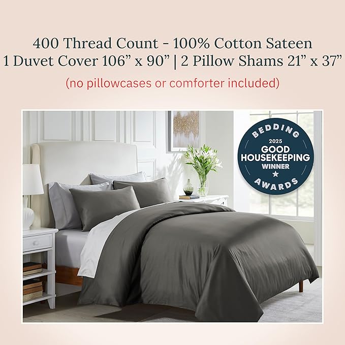 California Design Den 3 Pc Duvet Cover Set King - Winner Good Housekeeping Best Bedding Awards 2025, 400 Thread Count Sateen, 100% Cotton Duvet Covers, Button Closure, Corner Ties - Grey