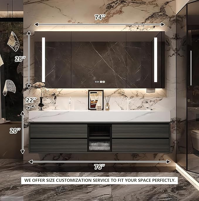 76IN Bathroom Vanity with Double Sink, Modern Bathroom Vanity with LED Smart Defog Mirror Cabinet & Integrated Ceramic Sink, Floating Vanities with Drawers and Glass Cabinet Door (Grey Wood)