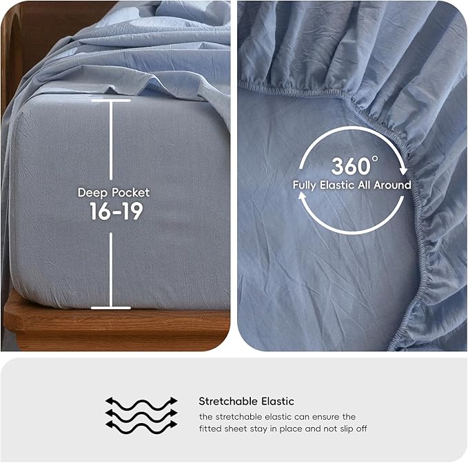 MooMee Bedding Sheet Set 100% Washed Cotton Linen Like Textured Breathable Durable Soft Comfy (Heathered Cornflower Blue, Twin XL)