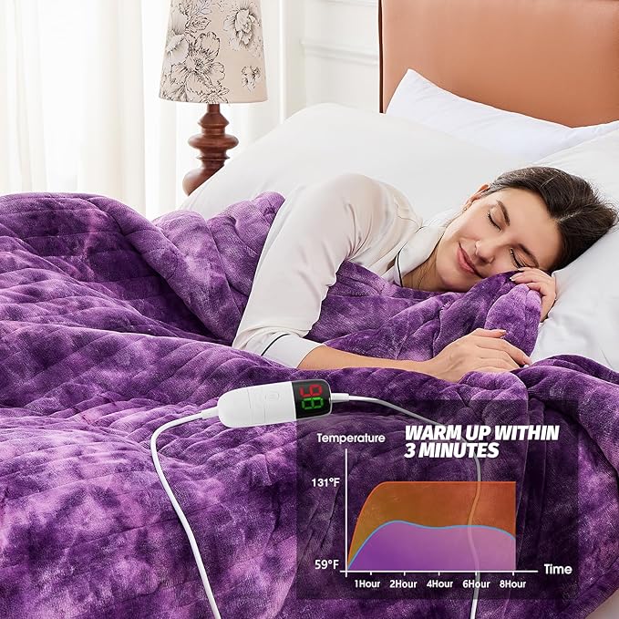 greenoak Heated Electric Blanket Throw, Faux Fur Sherpa Heating Blanket for Sofa Bed, Warm Winter Gifts for Women/Her, Heater Lap Blankets 5-Position Timer &10 Heating Levels 72''*84" Purple