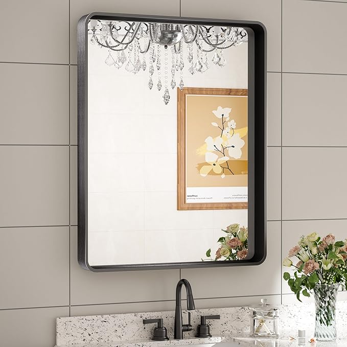 TETOTE Black Framed Bathroom Mirror, 24 x 30 Inch Matte Metal Frame Vanity Mirror, Modern Farmhouse Wall Mounted Rectangle Mirror (Horizontal/Vertical)