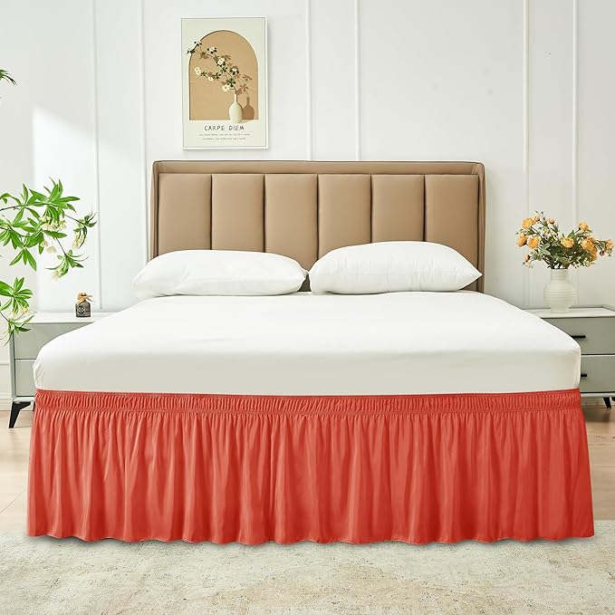 Biscaynebay Wrap Around Bed Skirts for Full & Full XL Beds 15" Drop, Coral Adjustable Elastic Dust Ruffles with Adjustable Belts Silky Luxrious Fabric Machine Washable