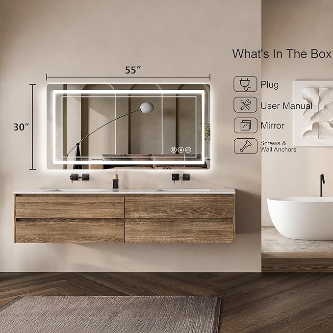55"x 30" LED Bathroom Mirror with Front and Backlight, Bathroom Vanity Mirror with 3 Color Adjustable, Stepless Dimmable Light, Anti-Fog, Memory Function, Vanity Mirror for Wall(Horizontal/Vertical).