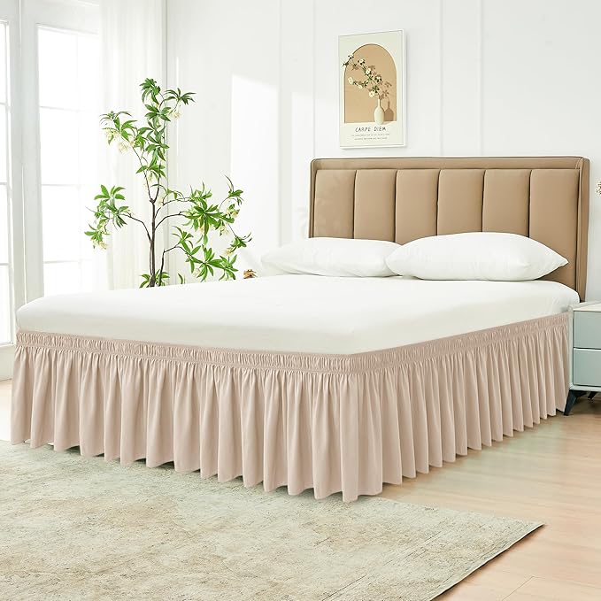 Biscaynebay Wrap Around Bed Skirts with Adjustable Belts for Queen Beds 15 Inch Drop, Sand Elastic Dust Ruffles Easy Fit Wrinkle & Fade Resistant Silky Luxurious Fabric Machine Washable