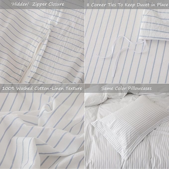 Stripe Linen Feel Duvet Cover King Size 104inch x 90inch,100% Washed Cotton Duvet Cover with Zipper Closure and 2 Pillowcases, Stripe of White-Cornflower Blue