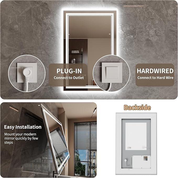 Bathroom Mirror with Lights 24"X36" with Front Light and Backlit, Tempered Glass, Wall Mount Horizontal/Vertical, Stepless Dimmable, 3 Colors, Anti Fog, Bathroom Memory LED Mirror