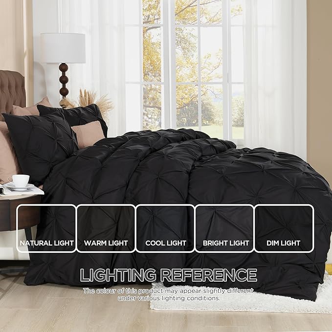 Litanika Black Pinch Pleat Duvet Cover Full (79x90Inch), 3-Piece Luxurious Pintuck Bedding Set, Soft Microfiber with Zipper Closure & Corner Ties