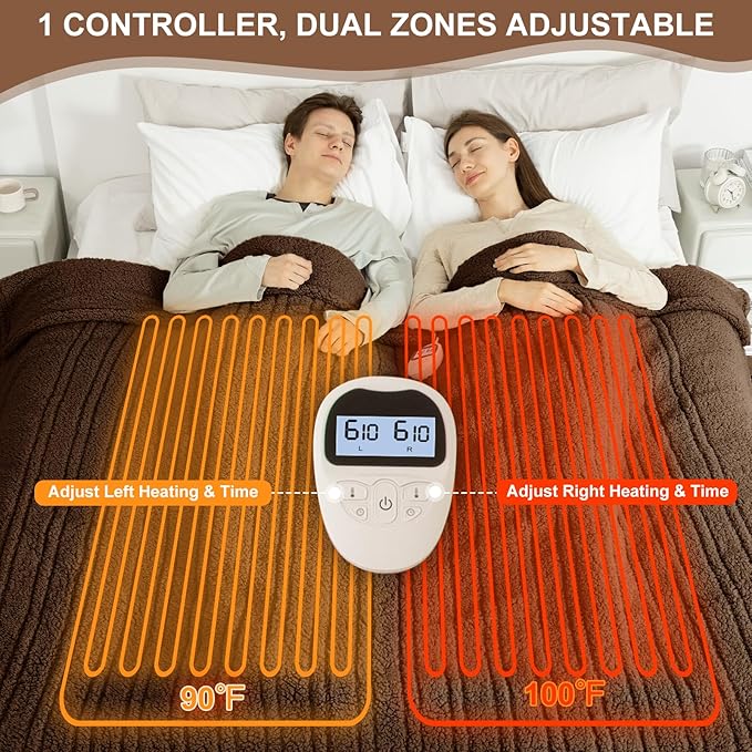 King Size Heated Blanket Single Control - Soft Double Sided Sherpa Electric Blanket with 6 Heating Levels & 10 hrs Timer Settings, Washable & Overheat Protection for Bed, Brown