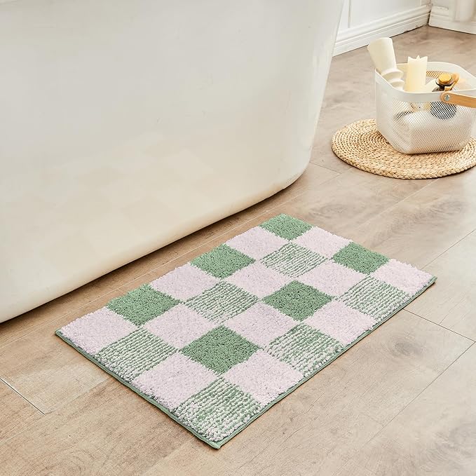 CozeCube Bath mats for Bathroom Non Slip, Fluffy Absorbent Microfiber Bath mat Washable, Aesthetic Bathroom Rugs, Large Sage Green Checkered Bath mat, Sage Green, 36" x 24"