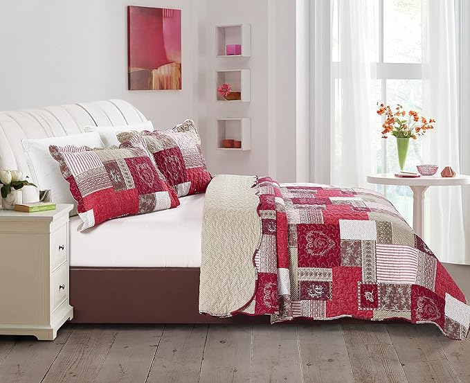 Brilliant Sunshine BurgundyHeart Love, Floral and Lace Patchwork, 3-Piece Quilt Set with 2 Shams, Reversible Bedspread, Soft Lightweight Coverlet, All-Season, Full/Queen, Burgundy