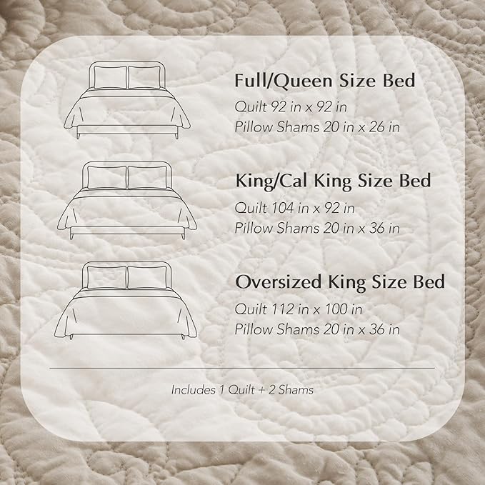 EVERGRACE 100% Cotton Paisley Quilt Set, Oversized King 3 Piece Set – Prewashed Lightweight Bedspread with 2 Shams, Soft & Breathable Matelasse Coverlet for All-Season Comfort, Flax Beige